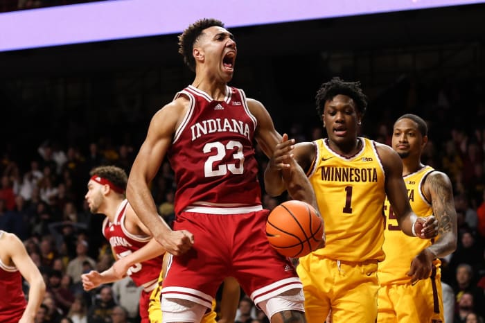 Indiana Hoosiers forward Trayce Jackson-Davis (23) reacts to his shot against the Minnesota Golden Gophers during the second half at Williams Arena.